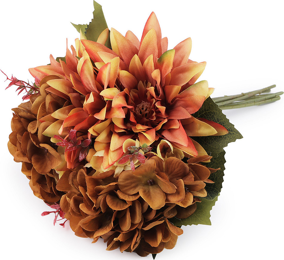 Umělá kytice chryzantéma, hortenzie Varianta: 3 béžová tm. oranžová, Balení: 1 svaz.