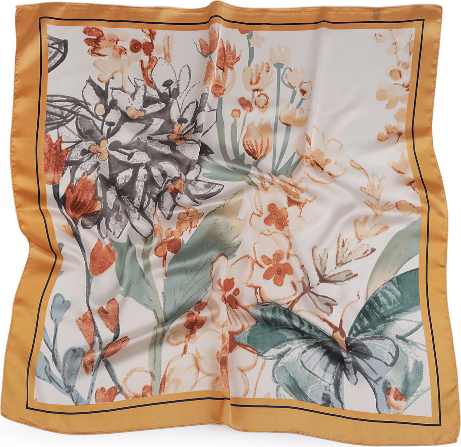 Saténový šátek květy a motýl 70x70 cm Varianta: 1 béžová tm., Balení: 1 ks