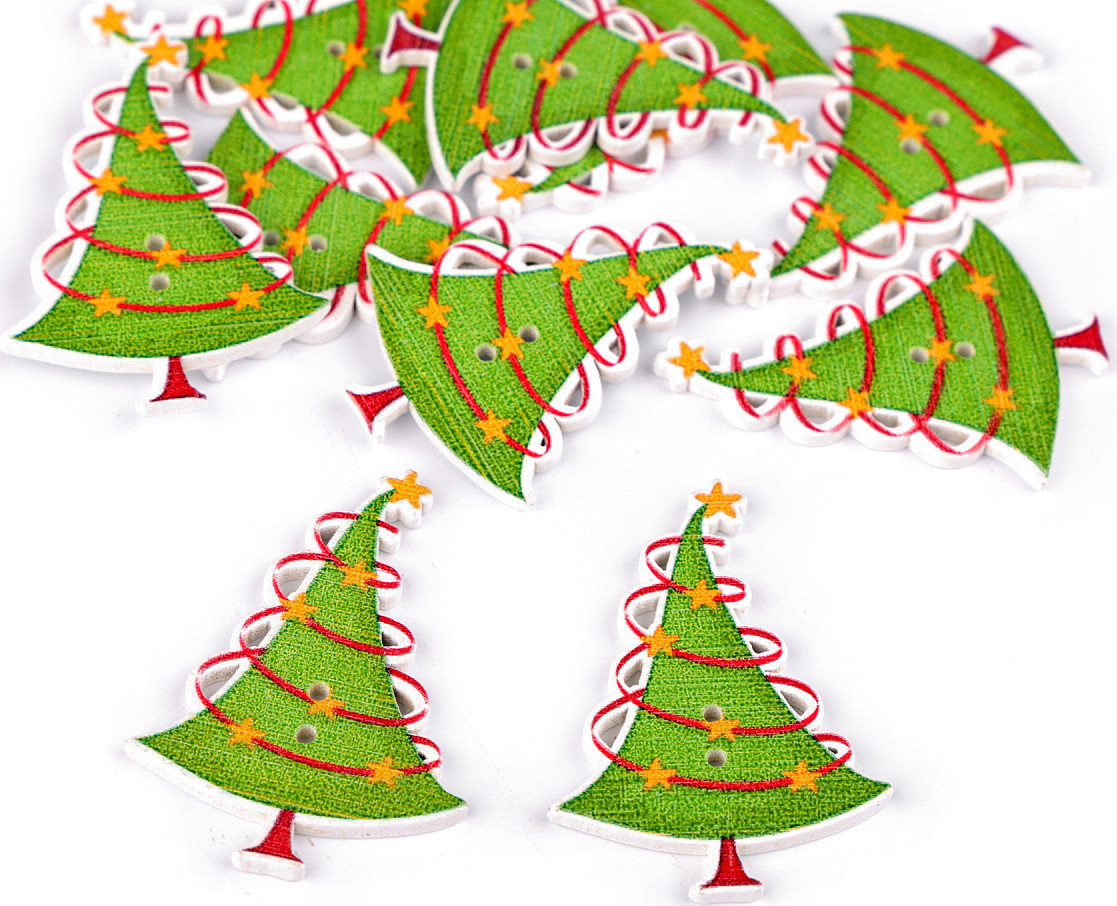 Dřevěný dekorační knoflík vánoční Varianta: 6 zelená sv. stromeček, Balení: 10 ks