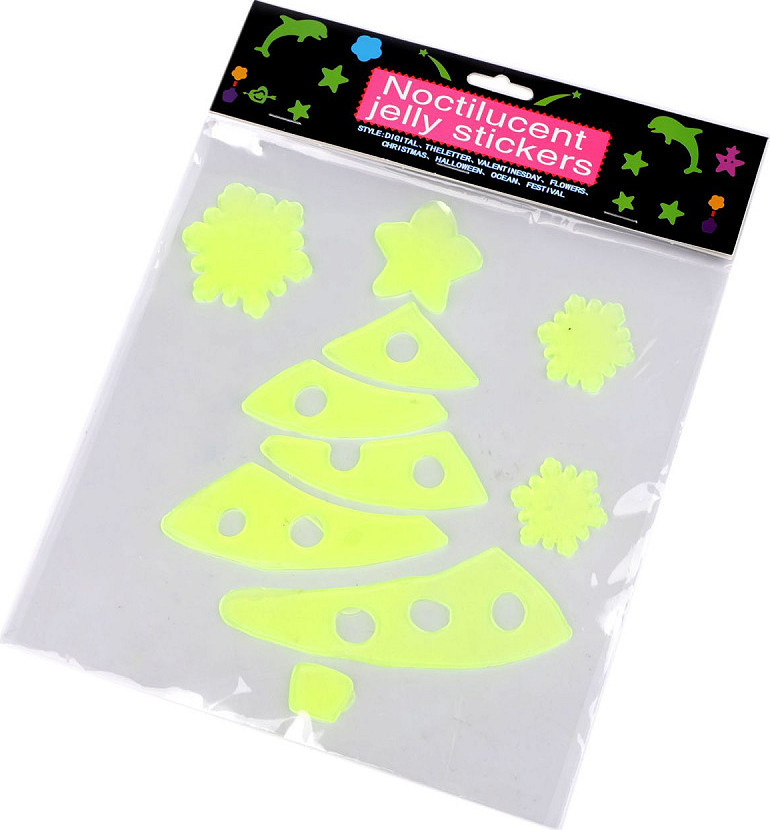 Vánoční gelové samolepky svítící ve tmě - vločky, stromeček Varianta: 2 žlutozelená ost. stromeček, Balení: 1 karta