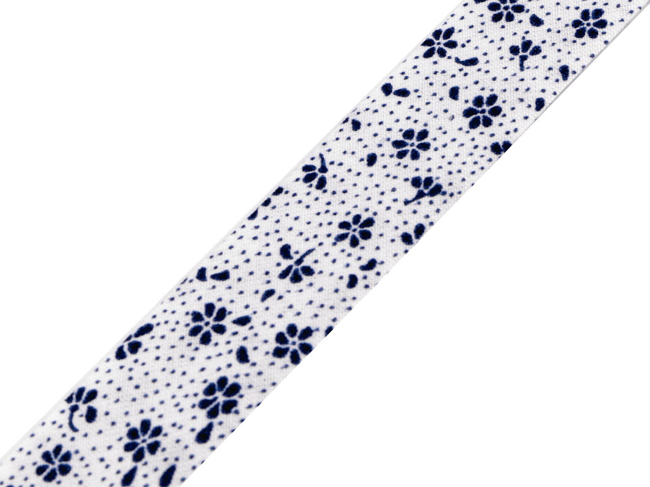 Šikmý proužek bavlněný vzorovaný šíře 20 mm zažehlený Varianta: 920110//2 bílo-modrá květy, Balení: 14 m