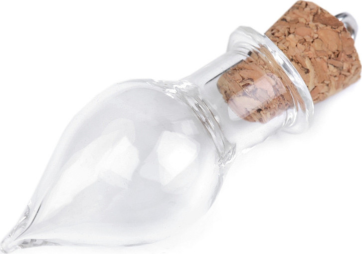 Skleněný přívěsek lahvička s korkem 13x37 mm kapka Varianta: transparent, Balení: 10 lahv.