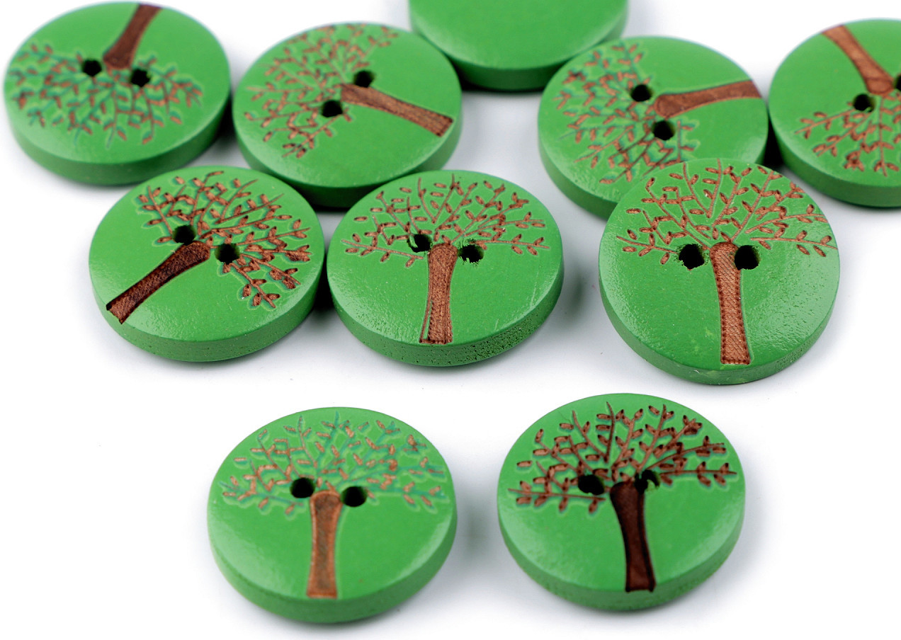 Dřevěný dekorační knoflík strom života Varianta: 2 zelená lakované, Balení: 10 ks