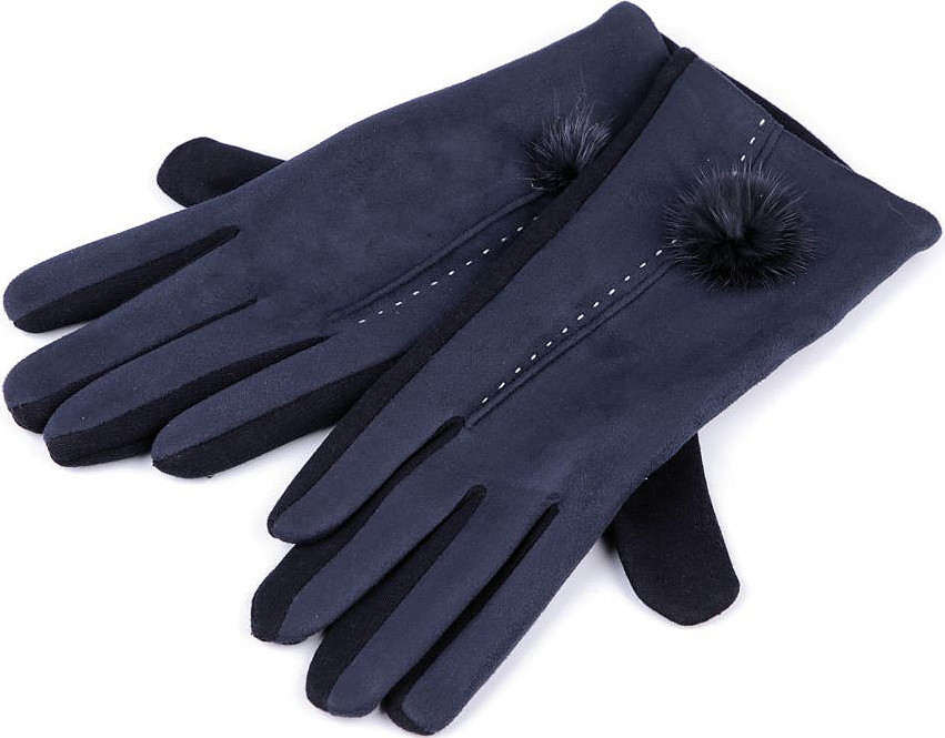 Dámské rukavice s kožešinovou bambulkou Varianta: 3 (vel. M) modrá tmavá, Balení: 1 pár
