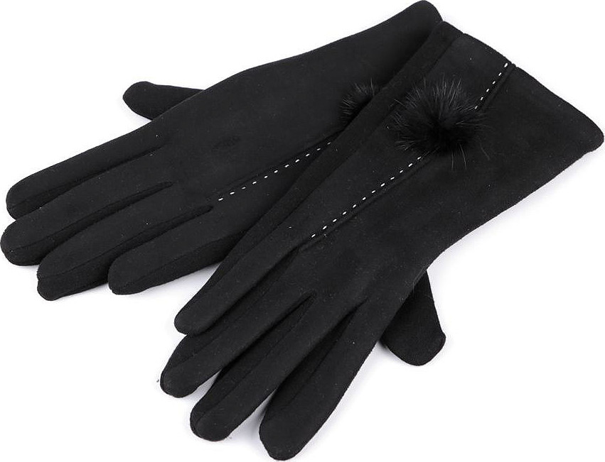 Dámské rukavice s kožešinovou bambulkou Varianta: 7 (vel. S) černá, Balení: 1 pár