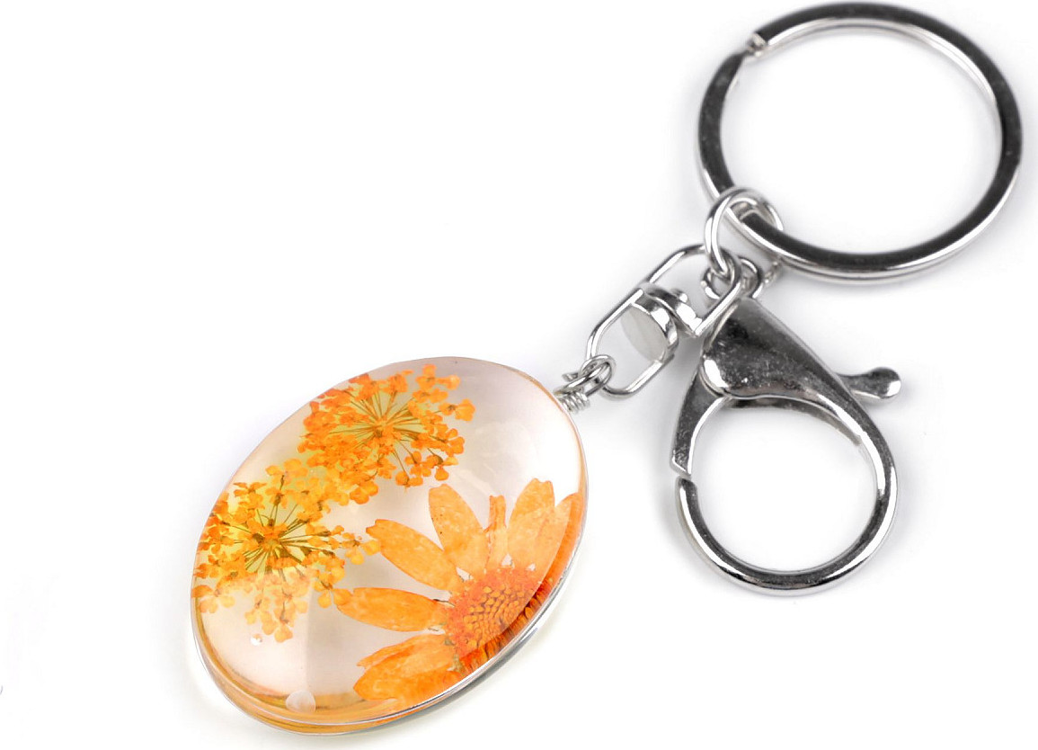Přívěsek na klíče / kabelku lisované květy v oválu Varianta: 4 oranžová, Balení: 1 ks