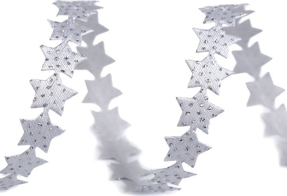 Saténový prýmek šíře 14 mm hvězda s glitry vánoční Varianta: 7 stříbrná, Balení: 22.5 m
