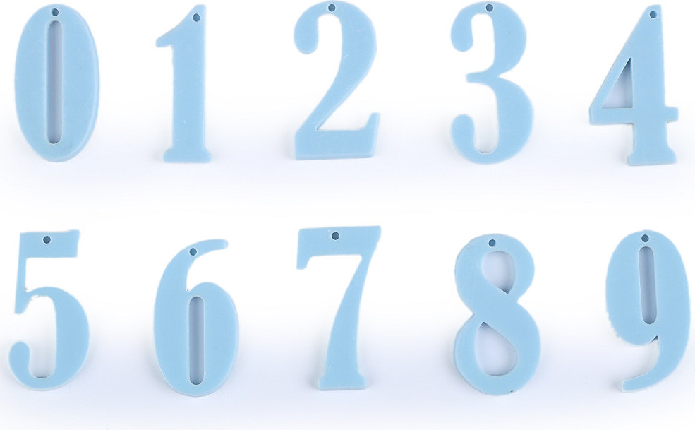 Čísla k přišití, zavěšení, nalepení; sada čísel od 0-9 Varianta: 3 modrá světlá, Balení: 10 ks