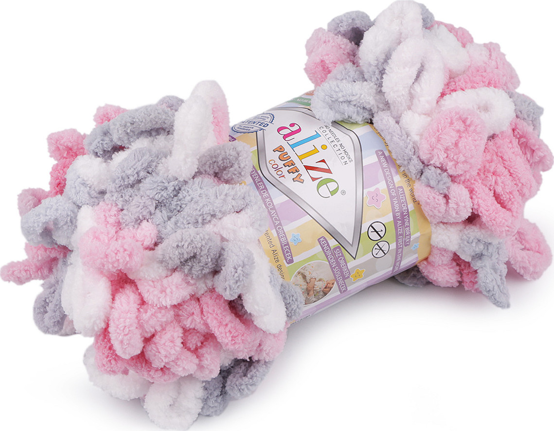 Pletací příze Alize Puffy color 100 g Varianta: 23 (6370) růžová sv. šedá, Balení: 1 ks