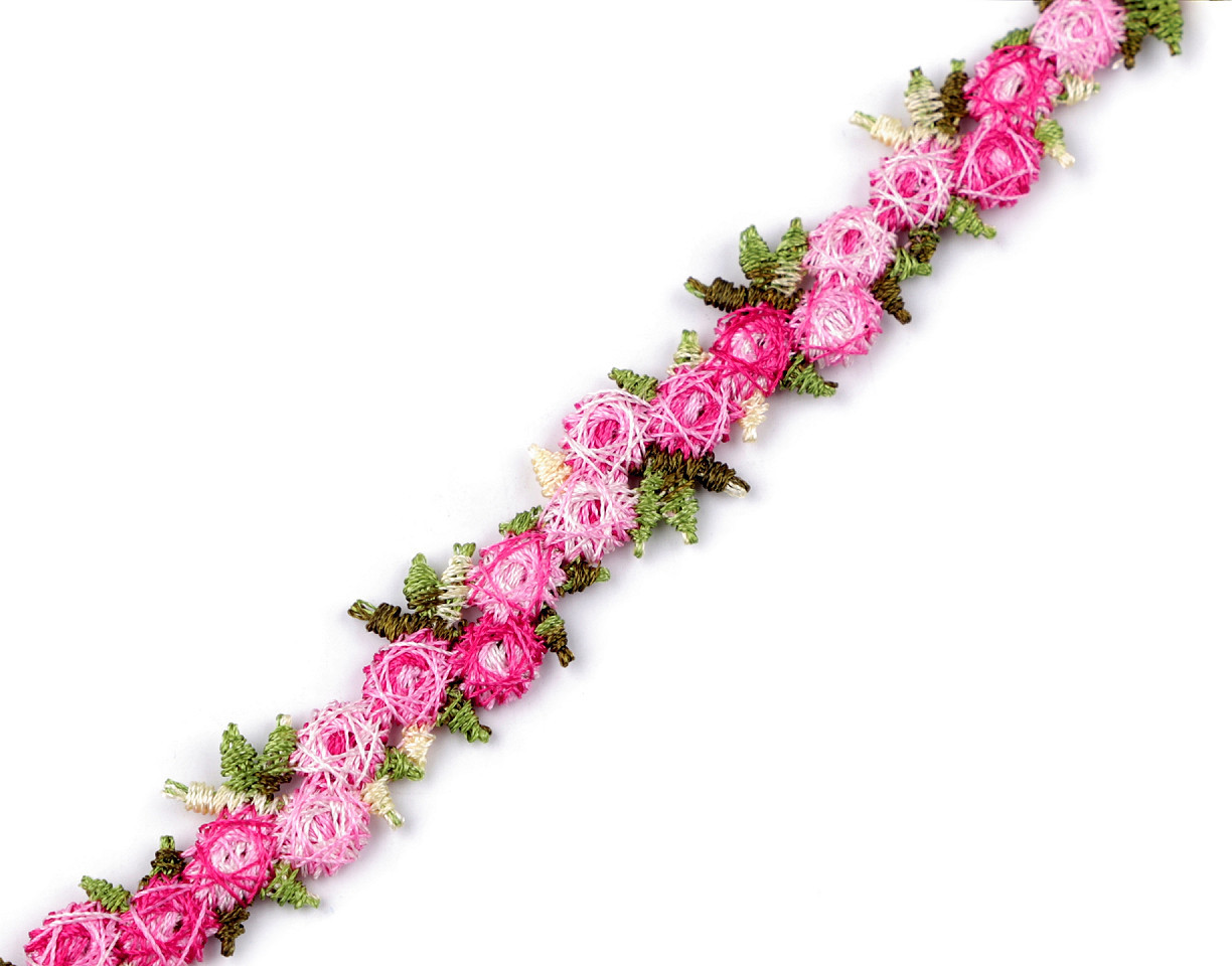 Vyšívaný prýmek s 3D květy šíře 15 mm Varianta: 2 růžová, Balení: 9 m