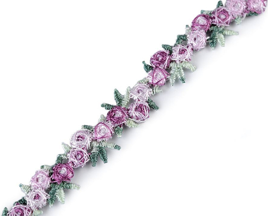 Vyšívaný prýmek s 3D květy šíře 15 mm Varianta: 1 fialová sv., Balení: 9 m