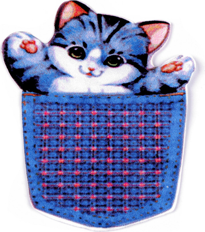 Textilní aplikace / nášivka kočka v kapsičce Varianta: 1 modrá dětská, Balení: 2 ks