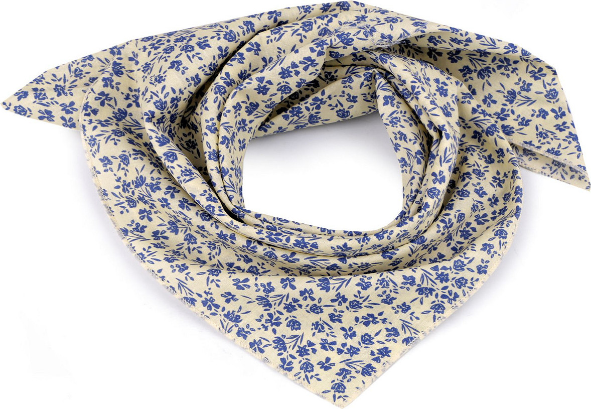 Bavlněný šátek s květy 55x55 cm Varianta: 1 krémová modrá, Balení: 1 ks