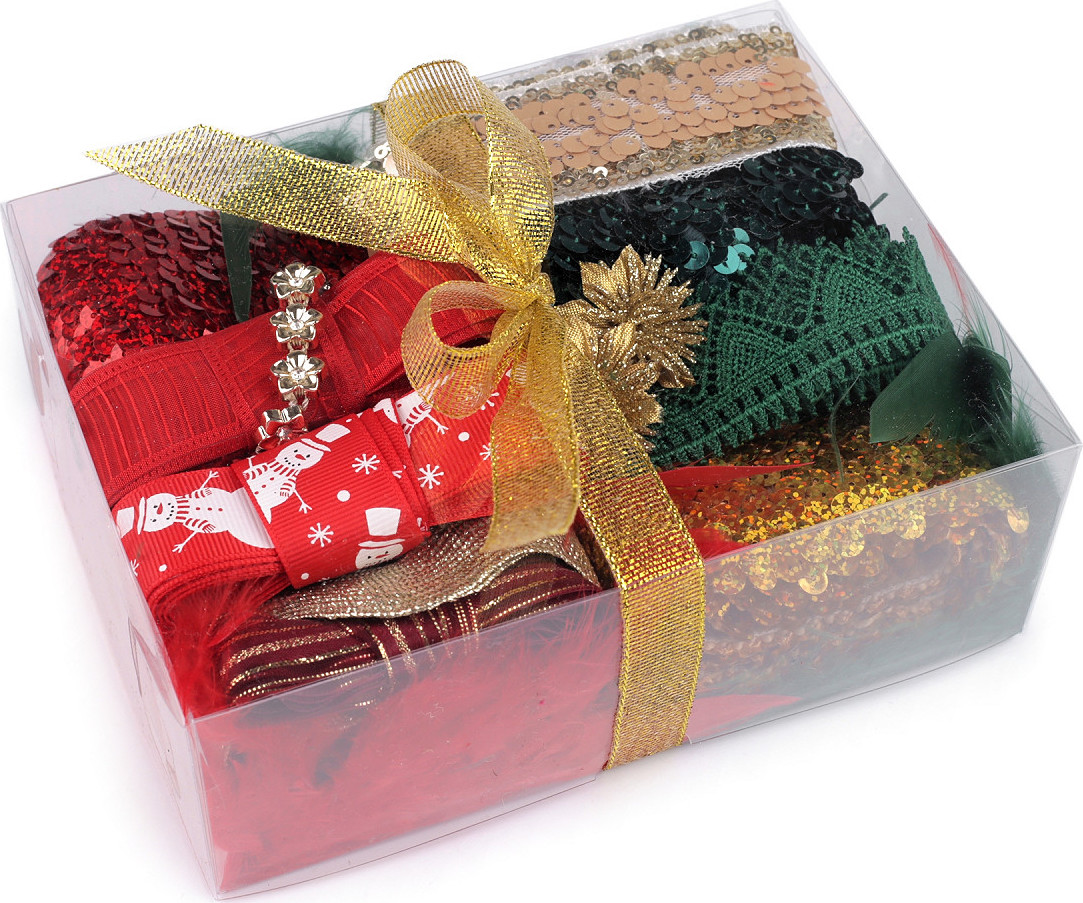 Vánoční kreativní mix - krajky, prýmky, stuhy Varianta: 1 červená zlatá, Balení: 1 krab.