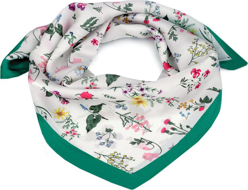 Saténový šátek luční květy 50x50 cm Varianta: 3 zelená smaragdová, Balení: 1 ks