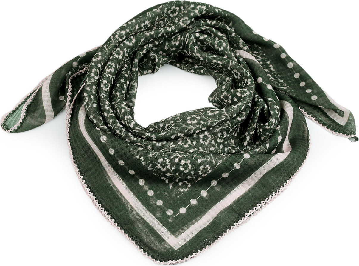 Šátek s květy a háčkovaným okrajem 85x85 cm Varianta: 3 zelená, Balení: 1 ks