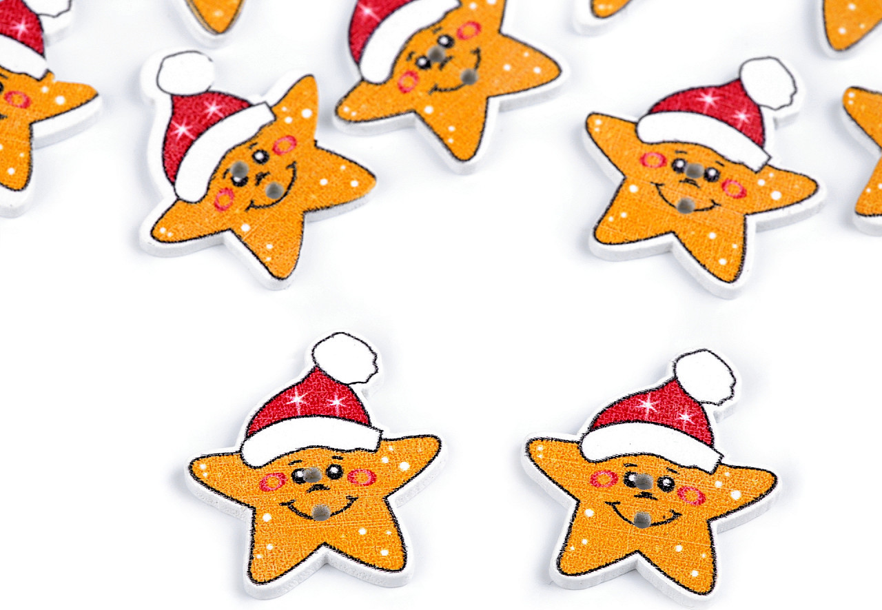 Dřevěný dekorační knoflík vánoční cesmína, hvězda, čepice Varianta: 2 žlutá hvězda, Balení: 10 ks