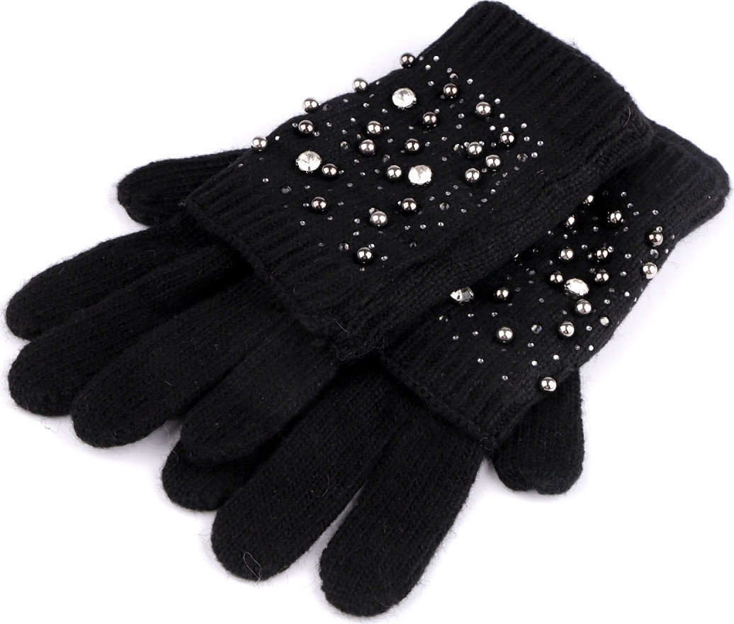 Dámské vlněné rukavice s perlami a kamínky "2 v 1" Varianta: 6 černá, Balení: 1 pár