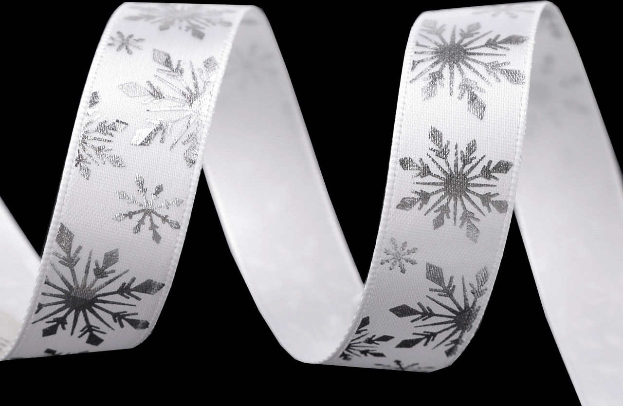 Vánoční saténová stuha vločky šíře 16 mm Varianta: 1 bílá stříbrná, Balení: 3 m