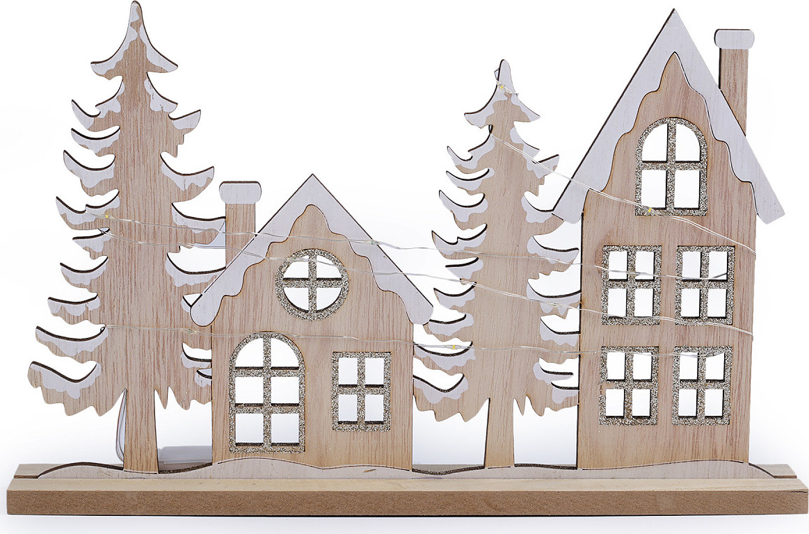 Dřevěná dekorace zimní domečky svítící LED Varianta: přírodní stř., Balení: 1 ks