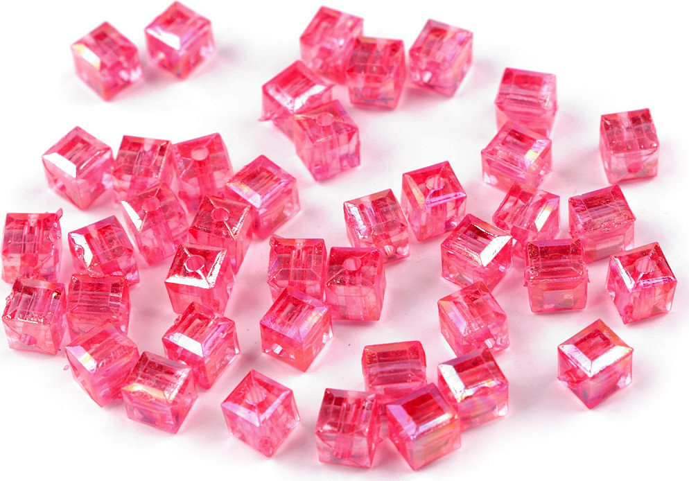 Plastové korálky s AB efektem kostka 6x6 mm Varianta: 4 růžová, Balení: 10 g