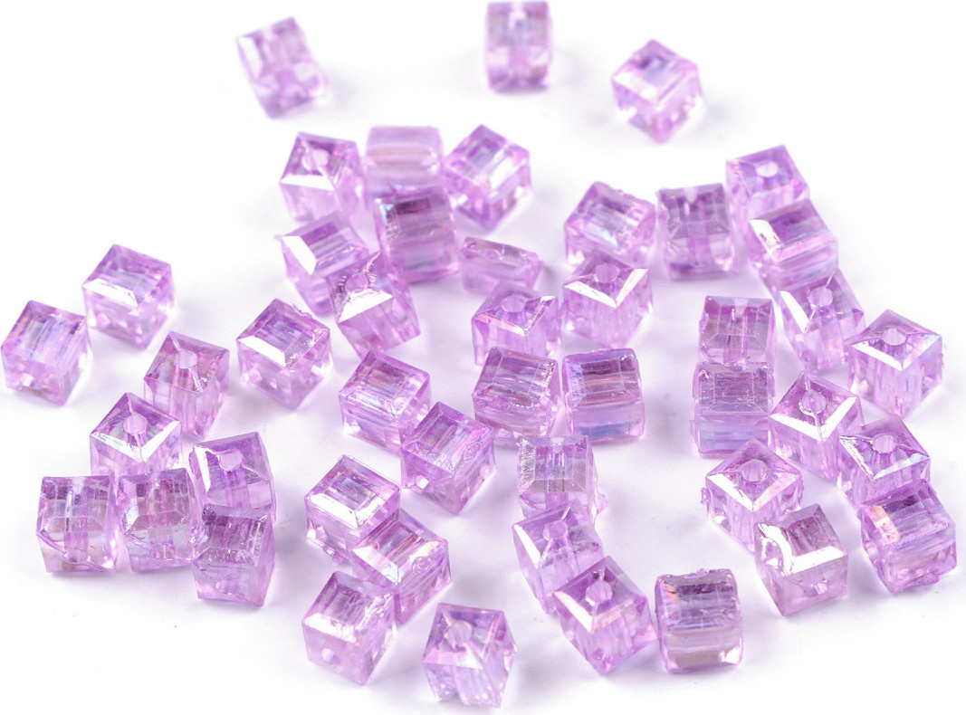 Plastové korálky s AB efektem kostka 6x6 mm Varianta: 5 fialová lila, Balení: 10 g