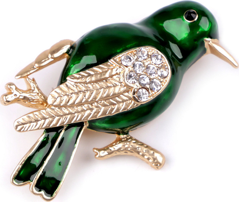 Brož s broušenými kamínky ptáček Varianta: 2 zelená, Balení: 1 ks