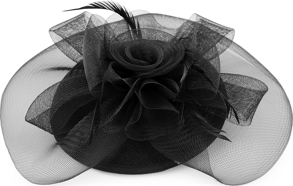 Fascinátor / klobouček květ s peřím a síťkou Varianta: černá, Balení: 1 ks
