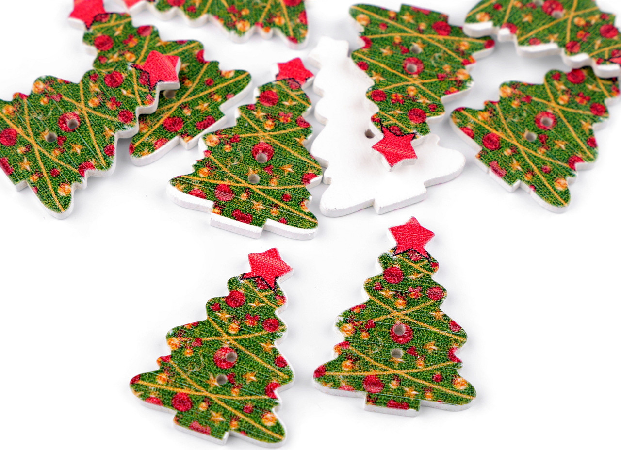 Dřevěný dekorační knoflík vánoční Varianta: 1 zelená stromeček, Balení: 10 ks