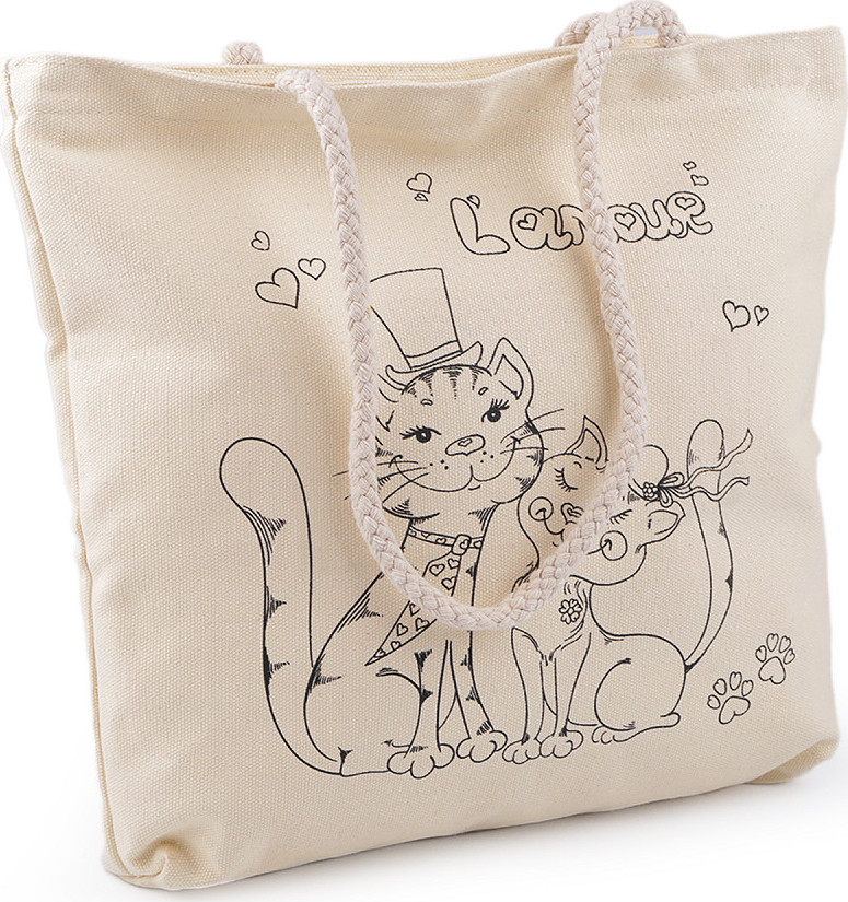 Bavlněná taška k domalování se zipem 34x35 cm Varianta: 1 režná světlá kočka, Balení: 1 ks