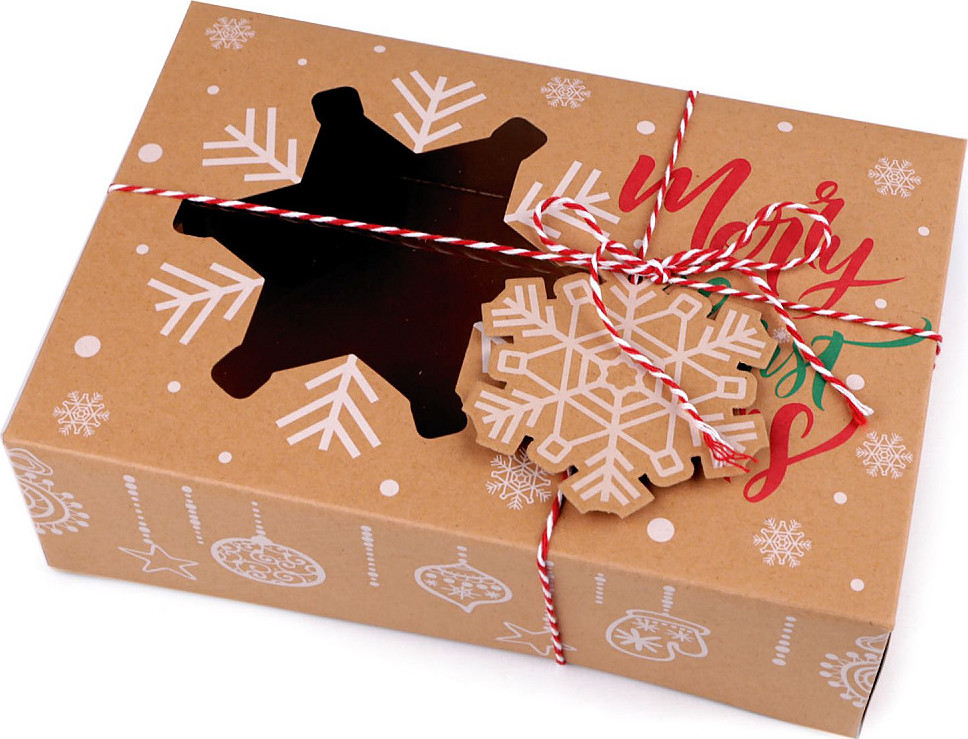 Vánoční dárková krabice s průhledem a jmenovkou Varianta: 1 hnědá přírodní vločka, Balení: 1 ks