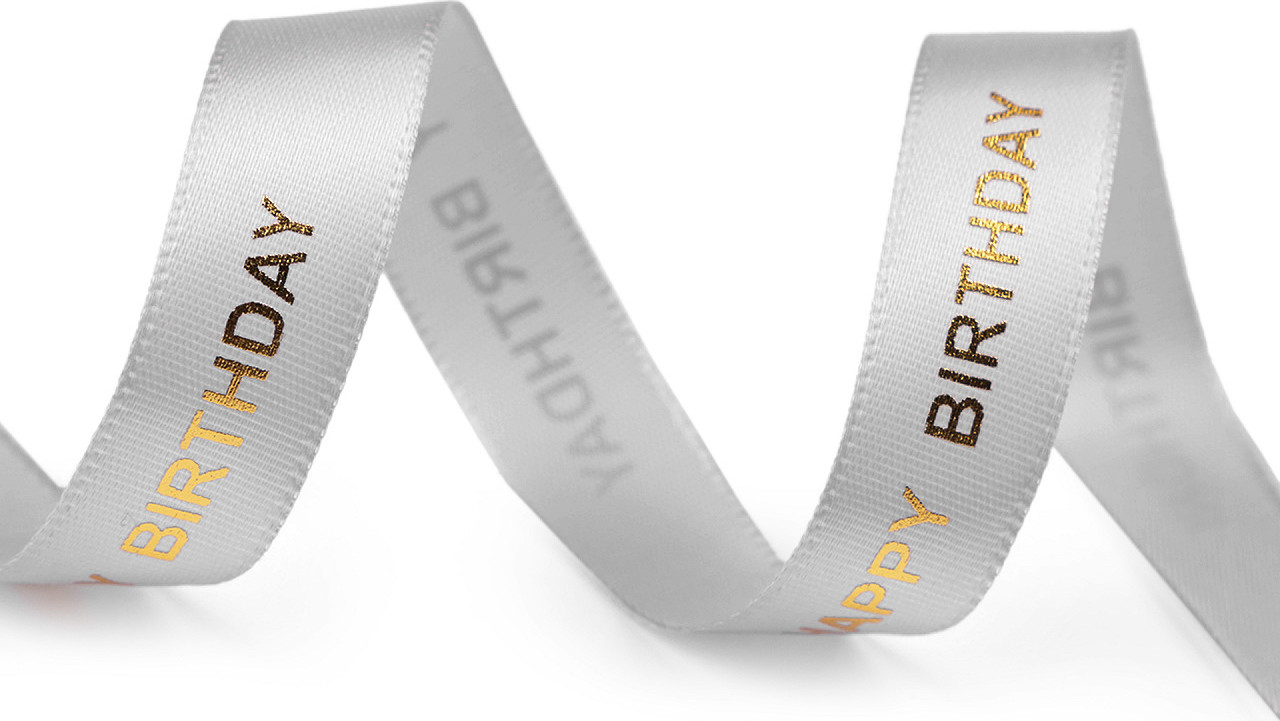 Saténová stuha s metalickým potiskem Happy Birthday šíře 16 mm Varianta: 2 šedá světlá zlatá, Balení: 3 m