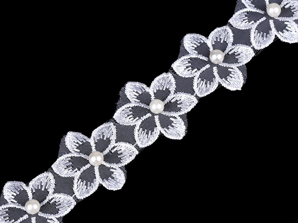 Prýmek květ s perlou na monofilu šíře 35 mm Varianta: 1 Off White, Balení: 1 m