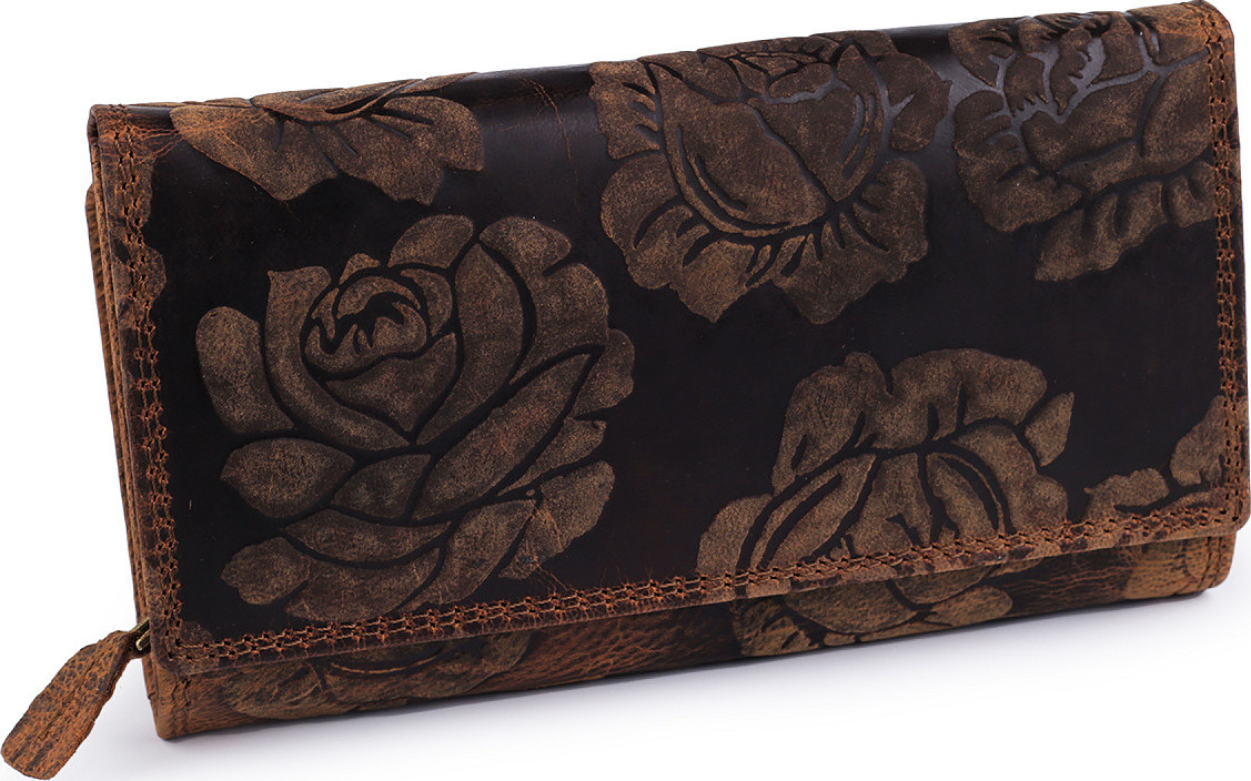 Dámská peněženka kožená s květy Varianta: 17 hnědá, Balení: 1 ks