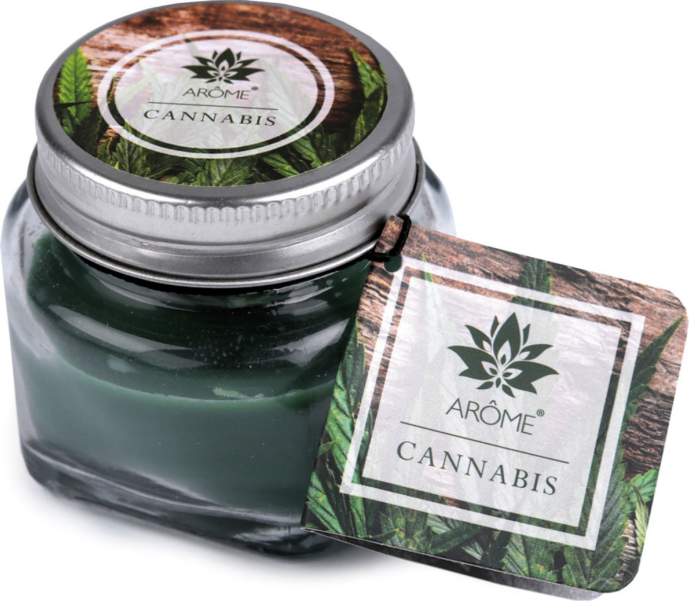 Malá vonná svíčka ve skle s jmenovkou 28 g Varianta: 6 (Cannabis) zelená jedle, Balení: 1 ks
