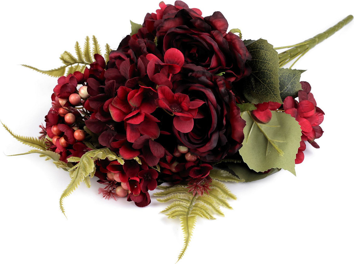 Umělá kytice růže a hortenzie Varianta: 2 bordó, Balení: 1 svaz.