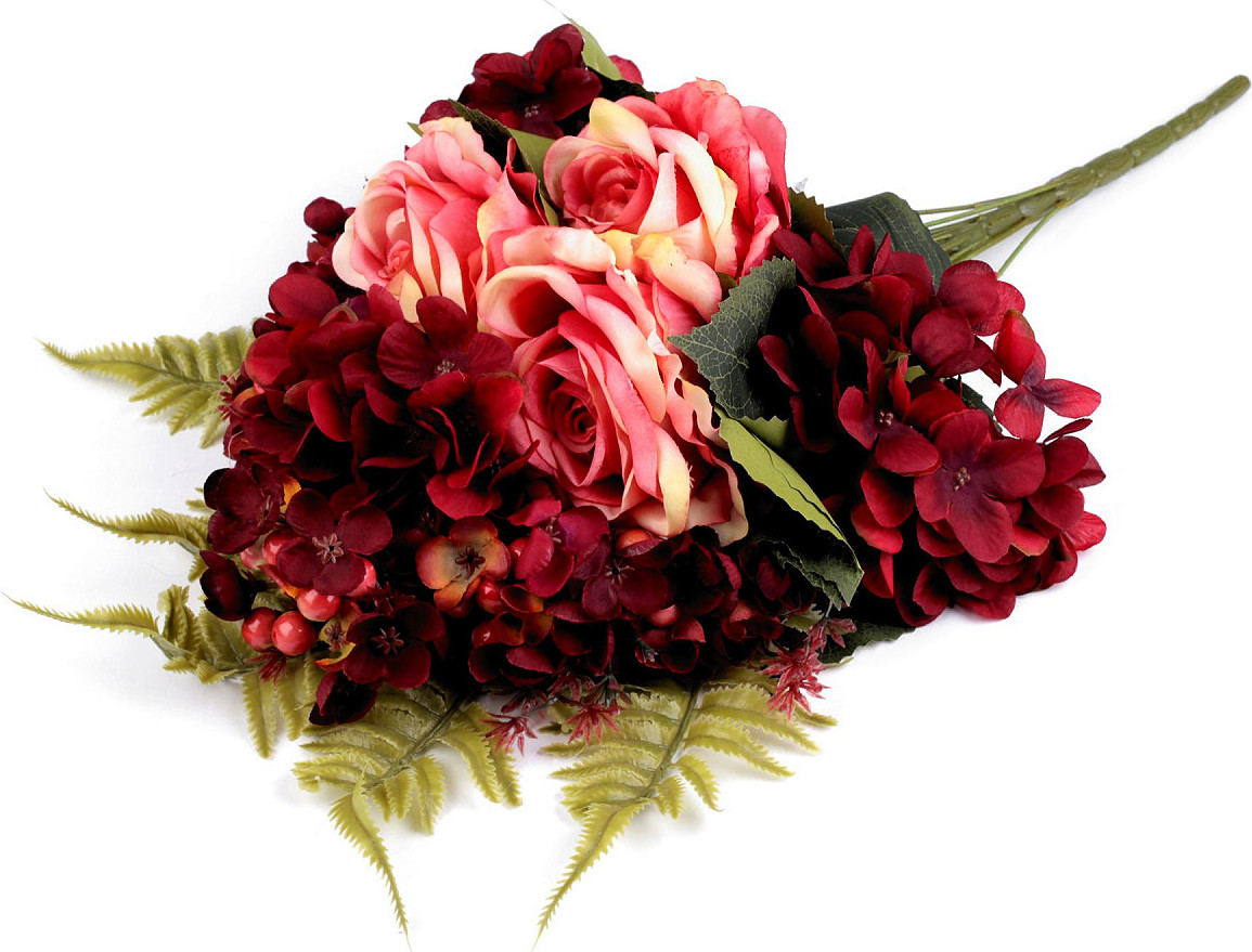 Umělá kytice růže a hortenzie Varianta: 1 korálová světlá, Balení: 1 svaz.