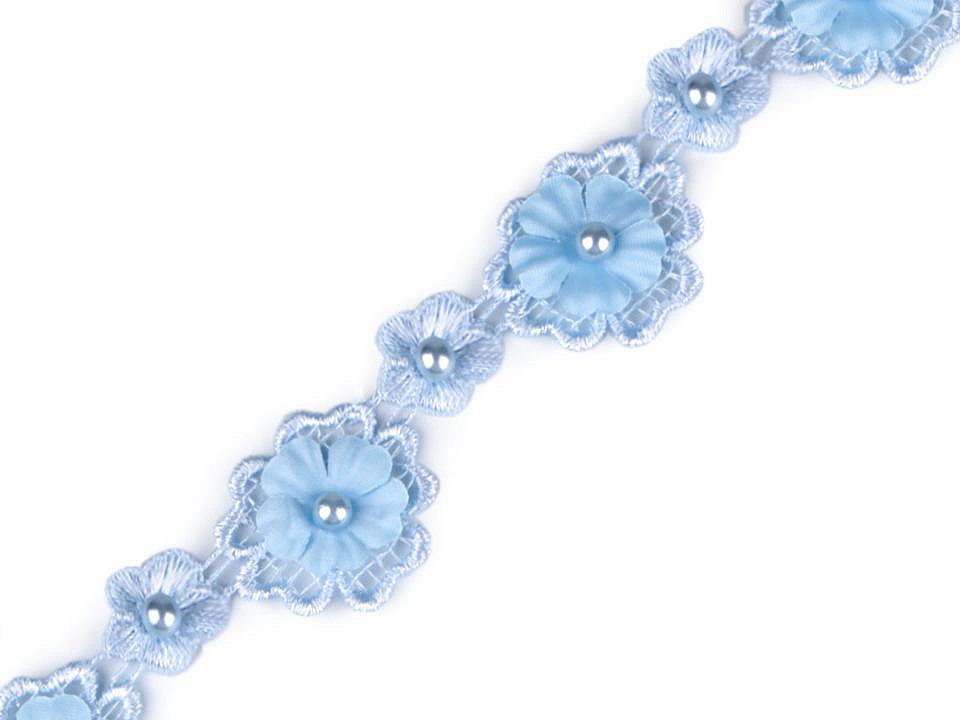 Krajka 3D květ s perlou šíře 30 mm Varianta: 2 modrá pomněnková, Balení: 1 m