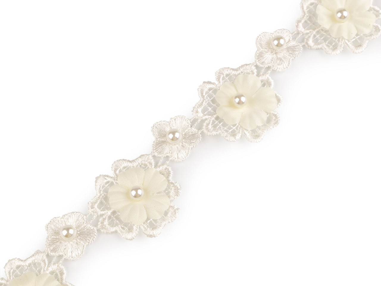Krajka 3D květ s perlou šíře 30 mm Varianta: 6 krémová světlá, Balení: 1 m