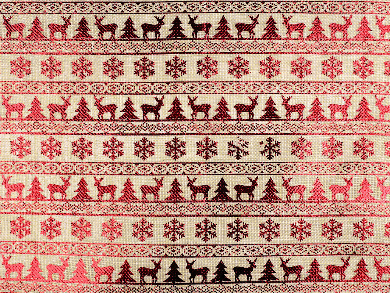 Dekorační metráž imitace juty vánoční vzor metalický tisk Varianta: režná přírodní červená, Balení: 1 m