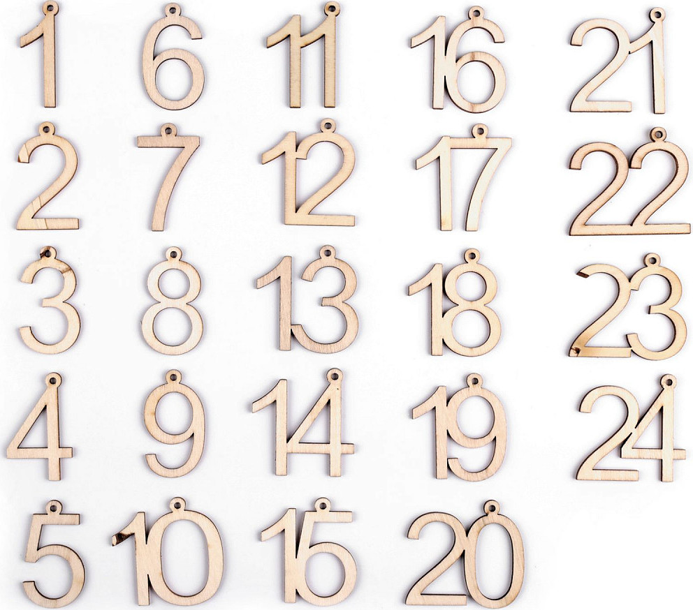Dřevěná čísla k výrobě adventního kalendáře 1-24 Varianta: přírodní, Balení: 1 sada