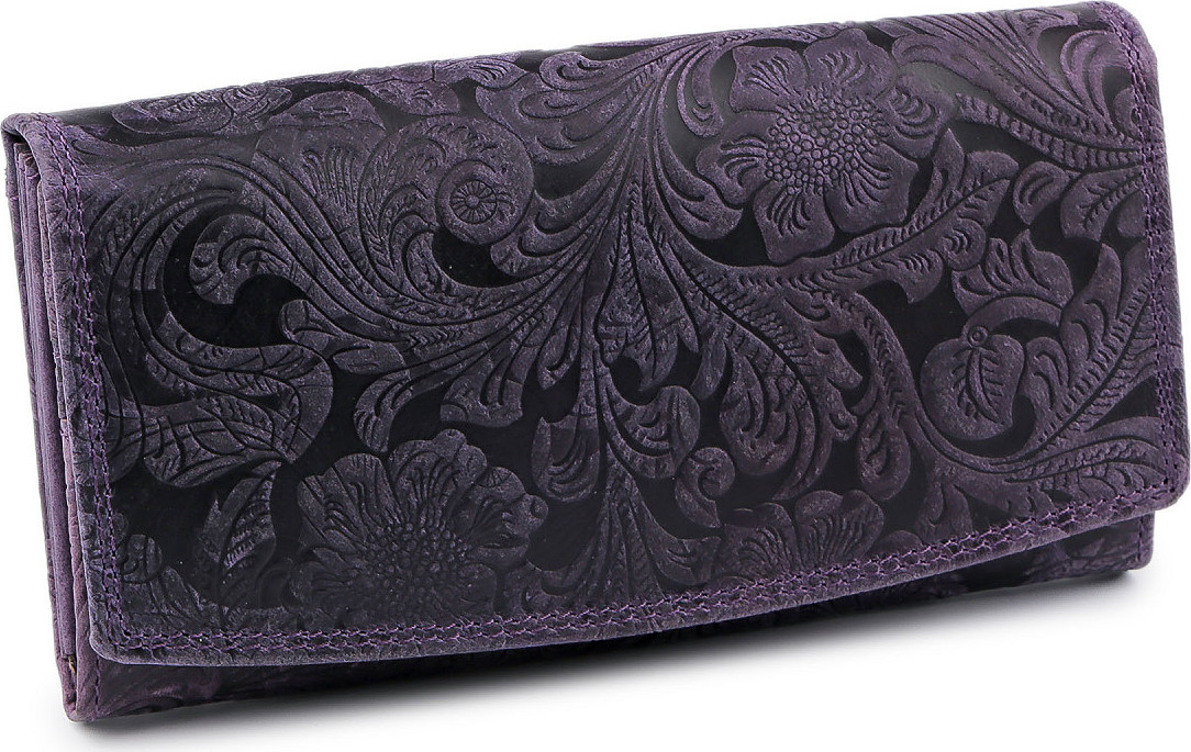 Dámská peněženka kožená růže, ornamenty 9,5x18 cm Varianta: 3 fialová tmavá, Balení: 1 ks