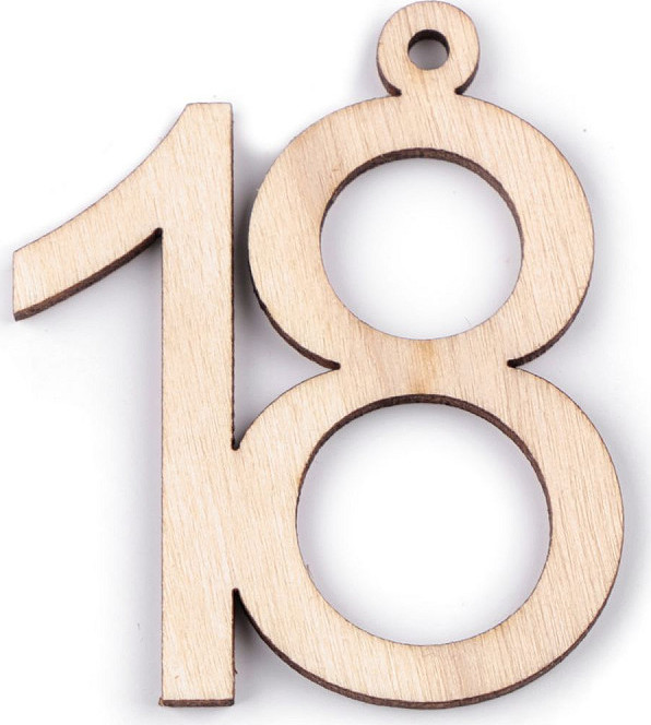 Dřevěná narozeninová čísla se závěsem Varianta: 18 přírodní, Balení: 10 ks