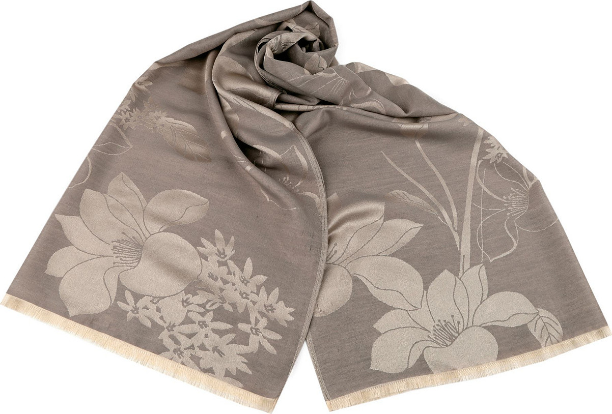 Šátek / šála s květy typu pashmina 74x185 cm Varianta: 2 béžová, Balení: 1 ks