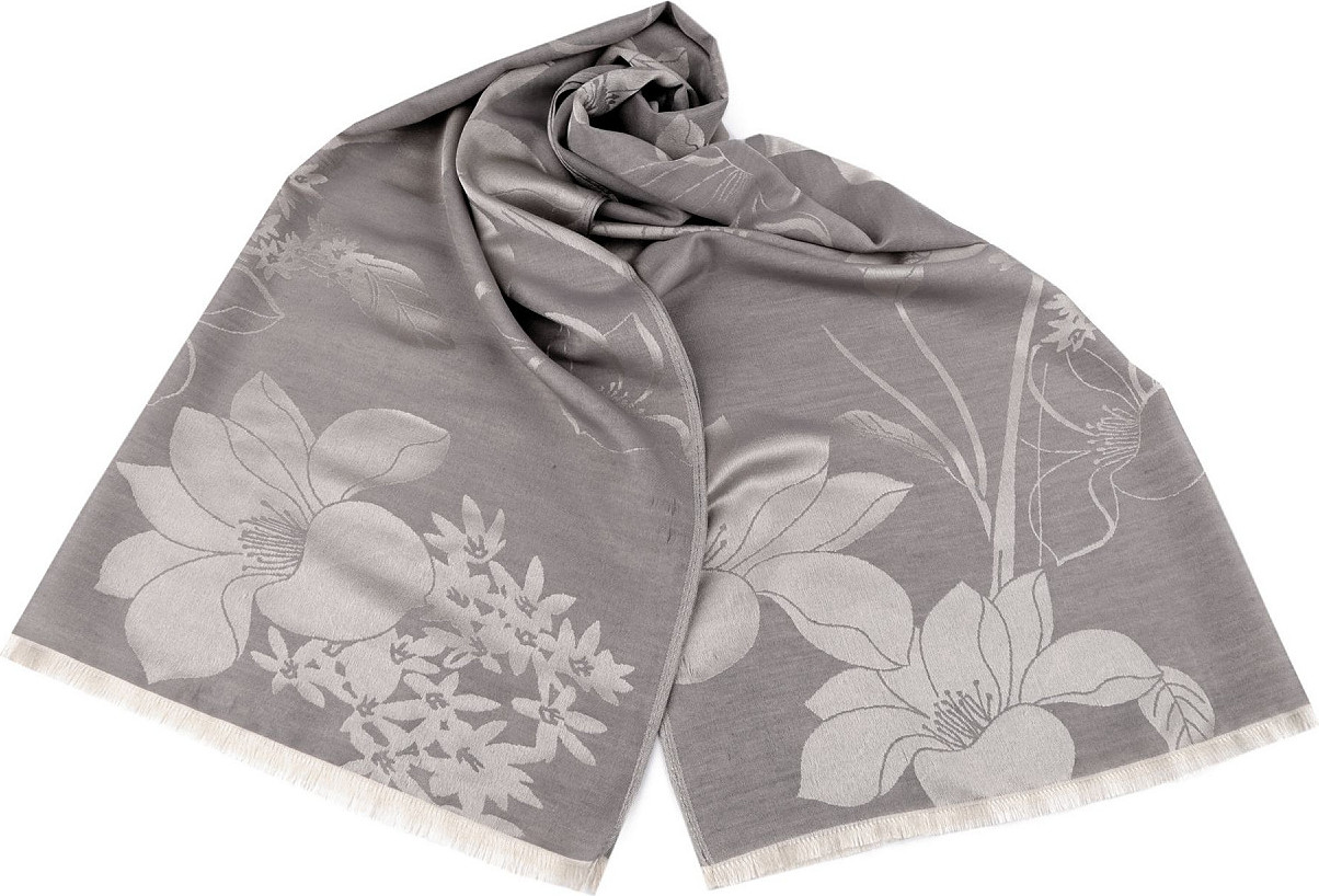 Šátek / šála s květy typu pashmina 74x185 cm Varianta: 3 šedá světlá, Balení: 1 ks