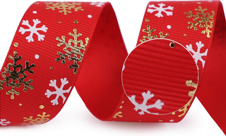 Rypsová stuha vločky šíře 25 mm vánoční Varianta: 2 červená zlatá, Balení: 3 m