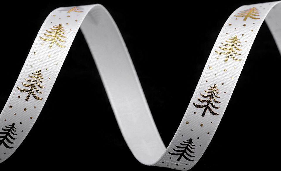 Saténová stuha stromeček šíře 10 mm vánoční Varianta: 2 bílá zlatá, Balení: 5 m