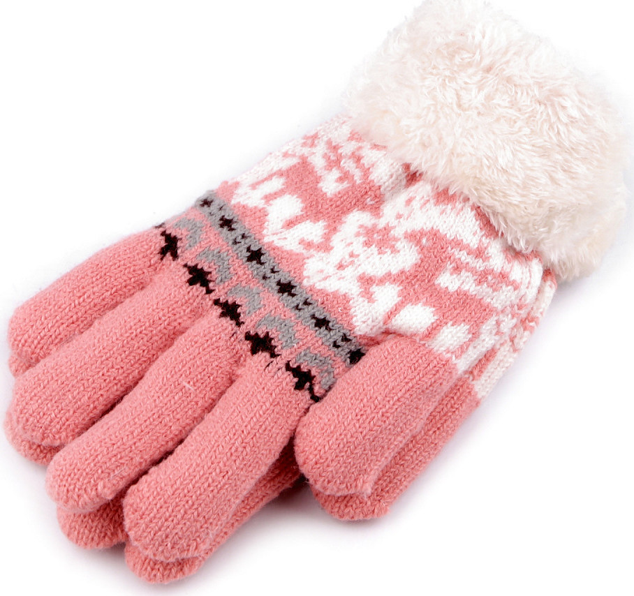Dětské pletené rukavice s kožíškem, norský vzor Varianta: 30 růžová stř., Balení: 1 pár
