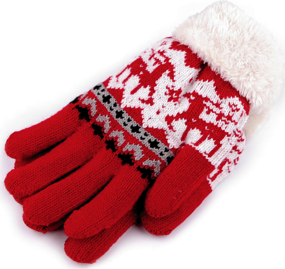 Dětské pletené rukavice s kožíškem, norský vzor Varianta: 31 červená, Balení: 1 pár