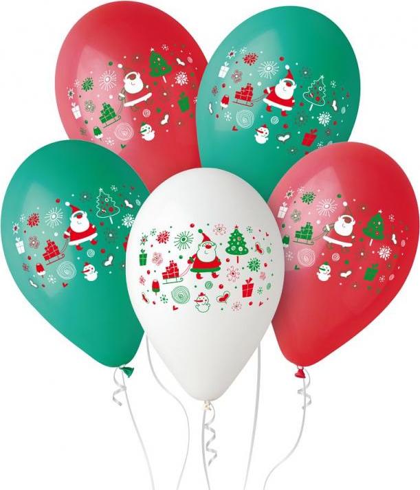 Prémiové balónky "Santa Claus", červené, zelené a bílé, 12" / 5 ks.